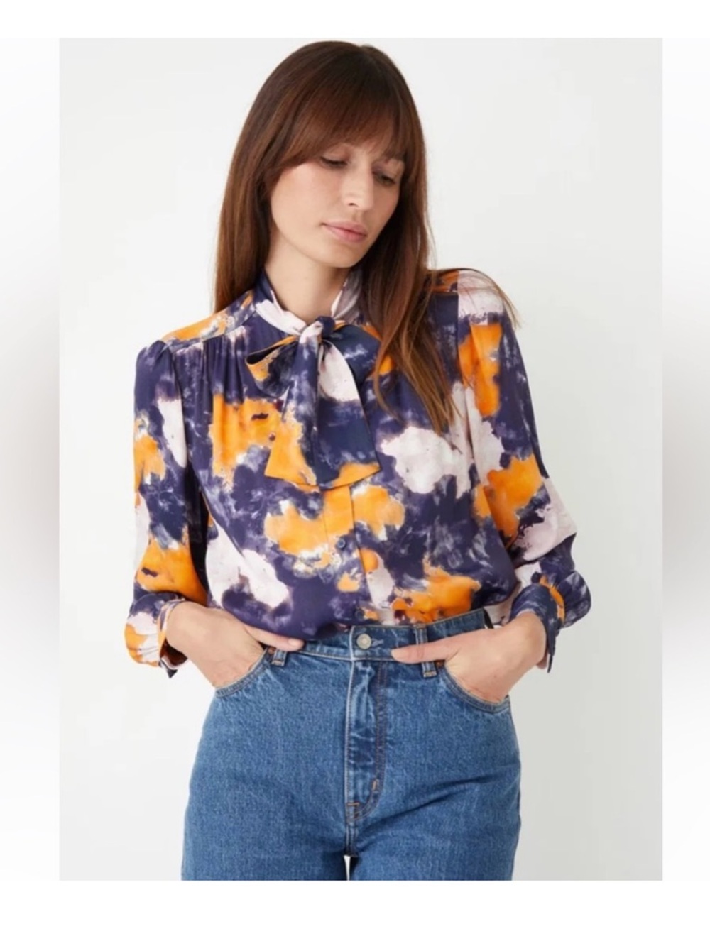 & Other Stories Orange and Blue Tie Front Blouse Sz 6